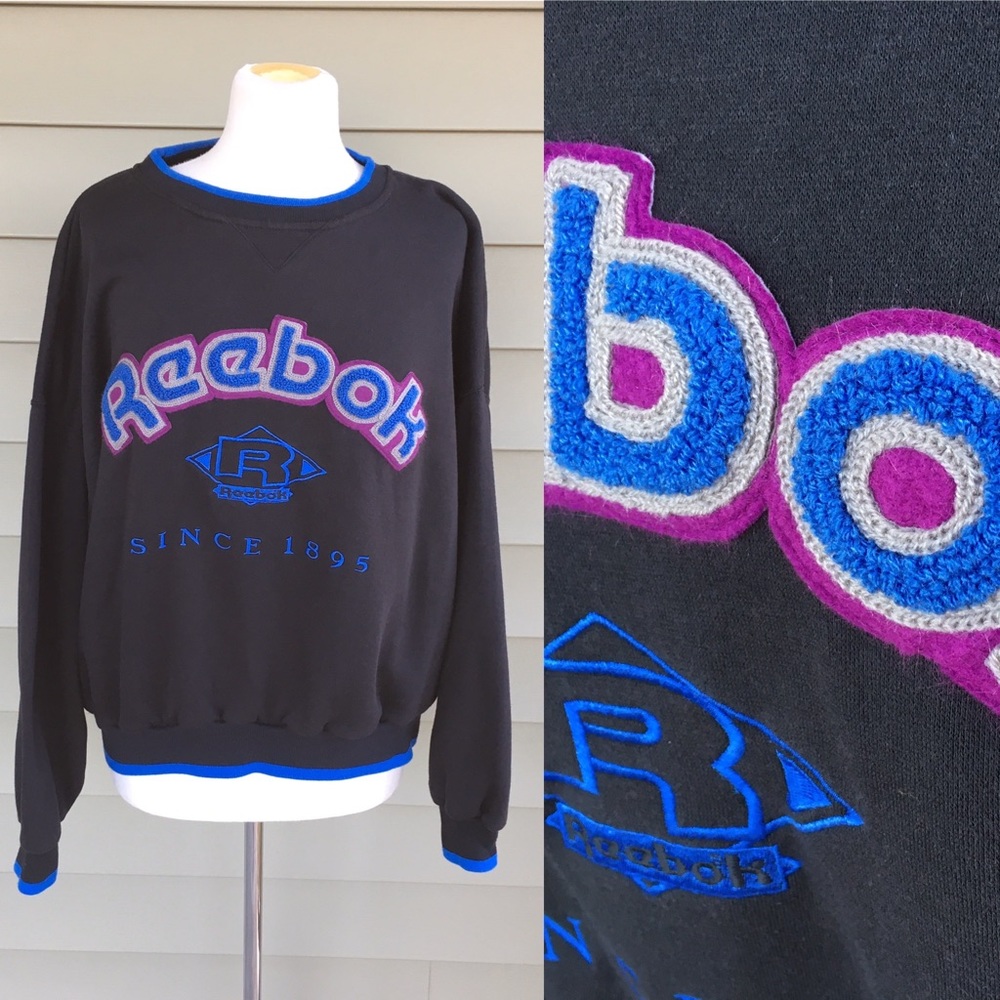 VTG 90s Reebok Sports Sweater Black Varsity Letter